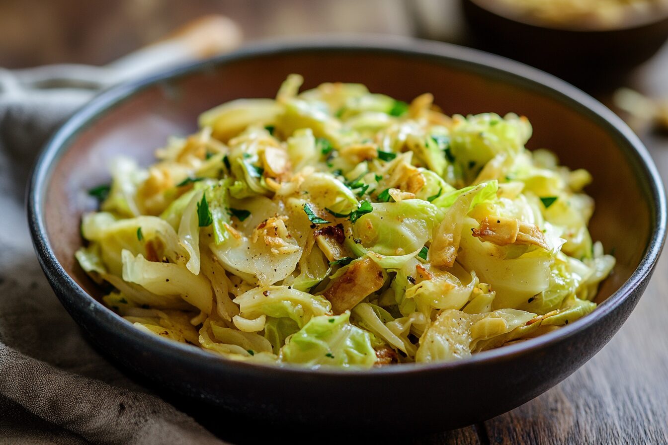 Cabbage and noodles, a classic dish that is budget-friendly and cheap to feed a family when money is tight.