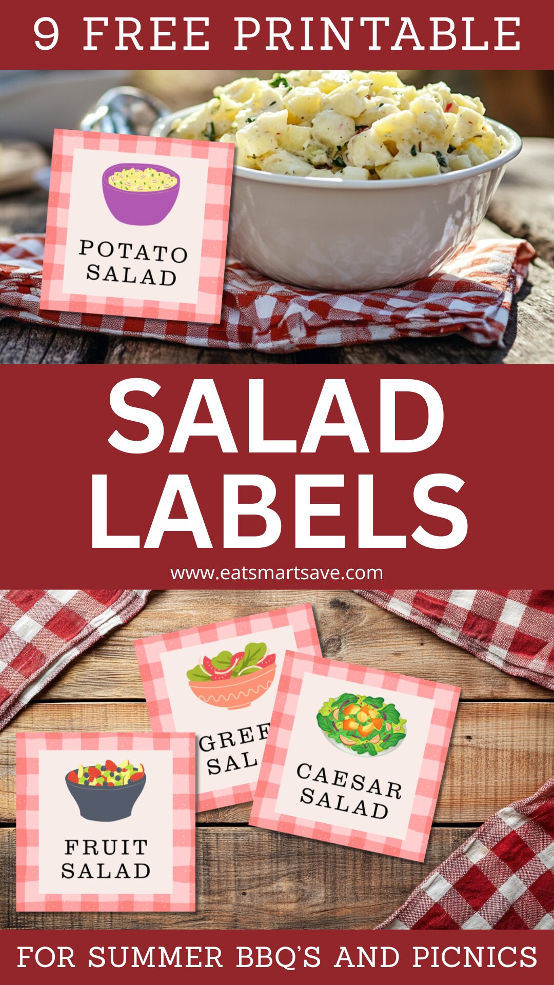 Gingham theme printable salad cards for summer BBQ.