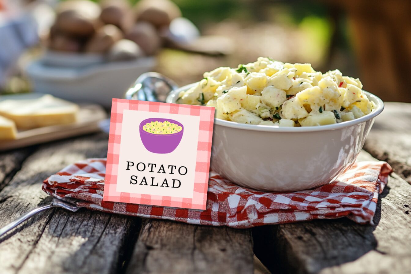 Printable salad labels for summer BBQ with red gingham design.