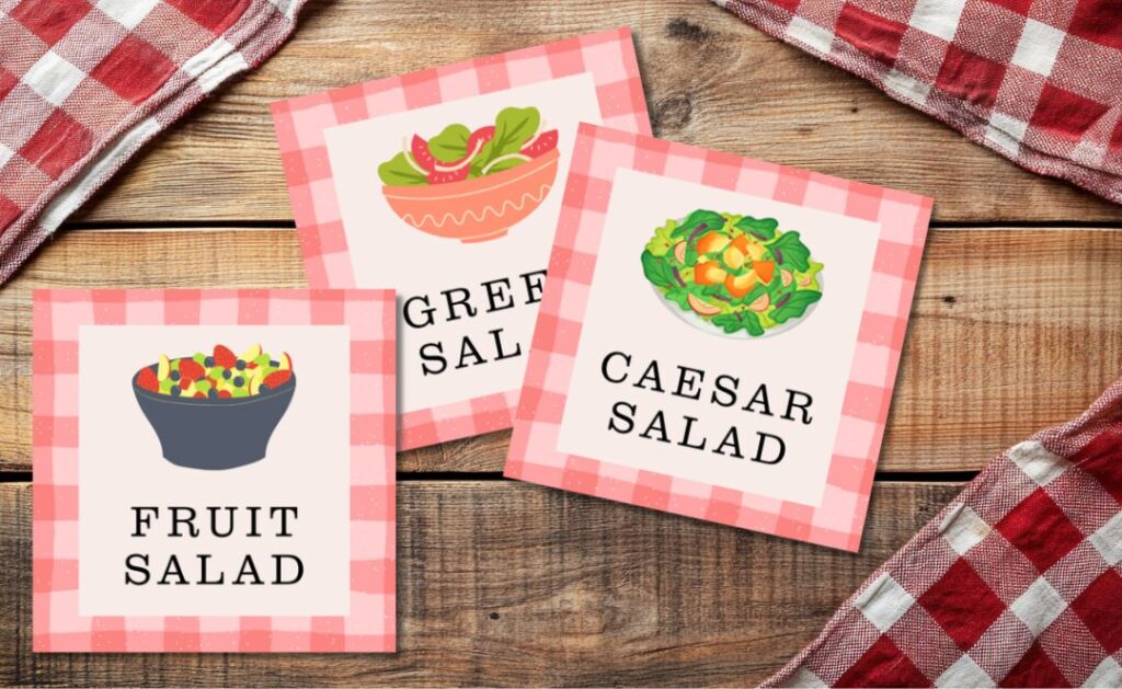 Free printable salad food labels - picnic gingham design PDF.