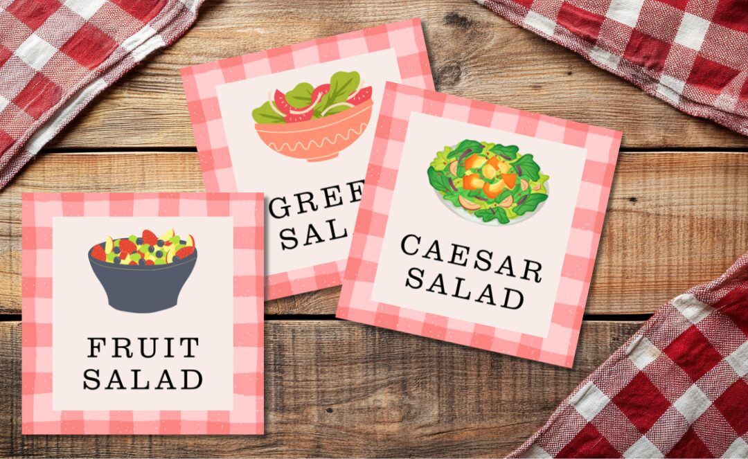 Free printable salad food signs – picnic gingham design PDF.