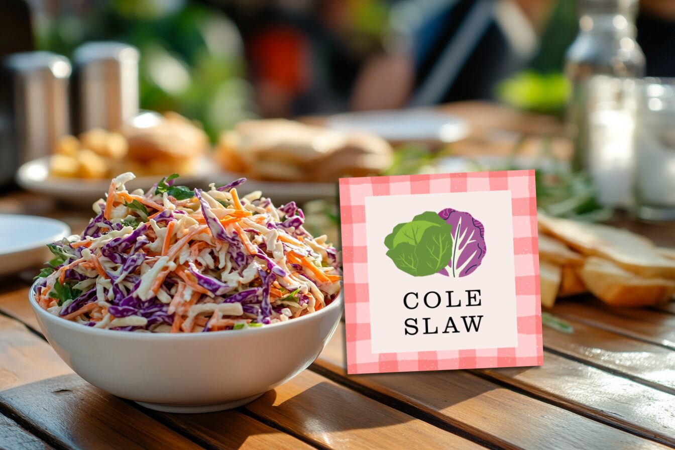 Gingham printable salad label card for coleslaw salad.
