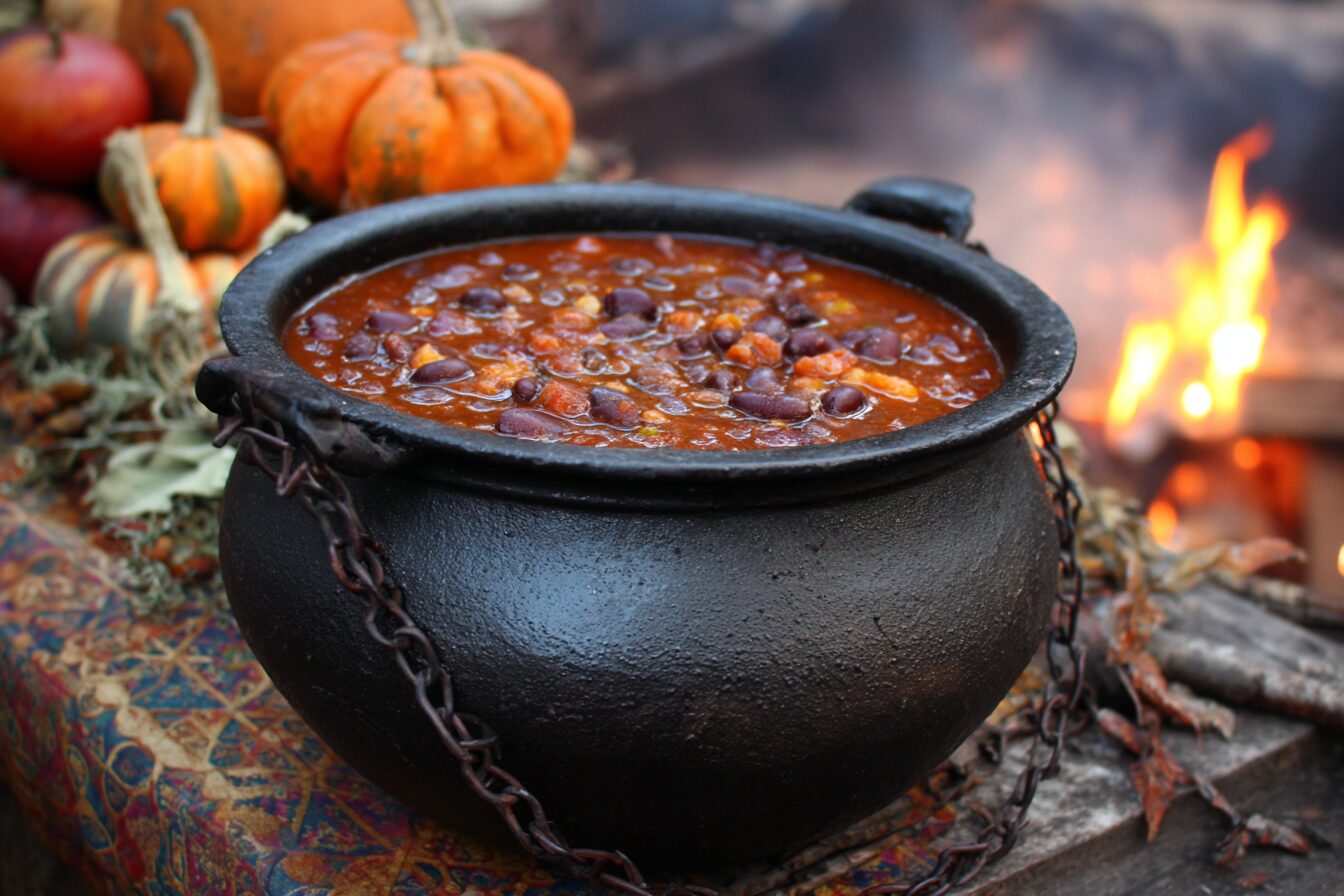 Cauldron of chili for an outdoor Halloween party