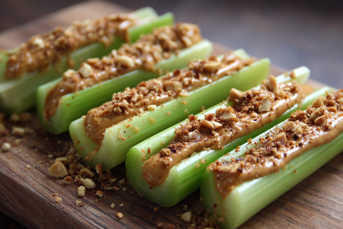 Celery Sticks with Peanut Butter with chopped peanuts make a delicious and easy keto snack for when you’re craving crunchy, salty, and sweet.