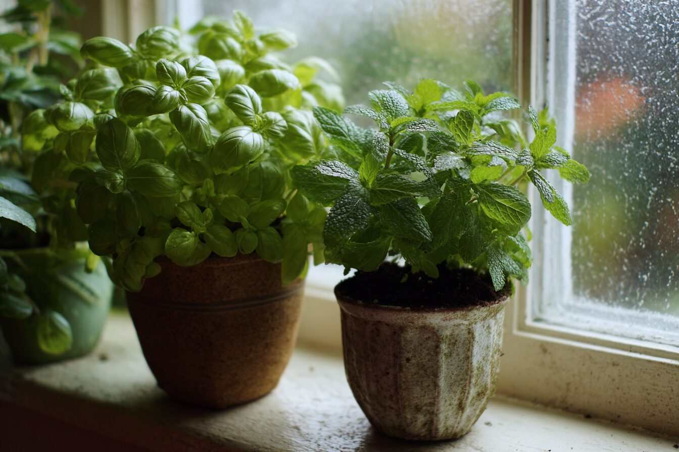 Mint and basil plants in a windowsill.