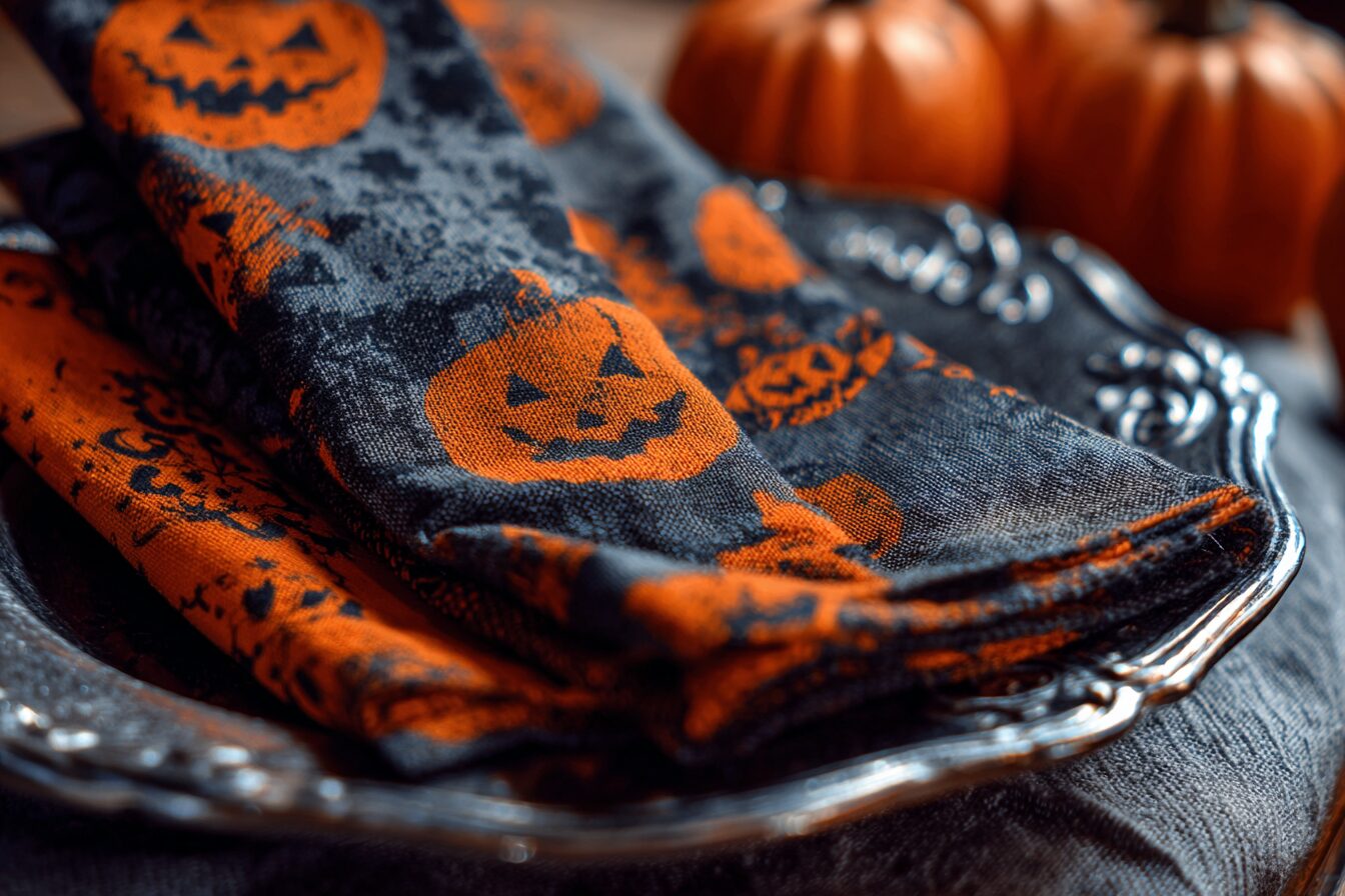 Fabric Halloween napkins set the stage for a spooky table setting.
